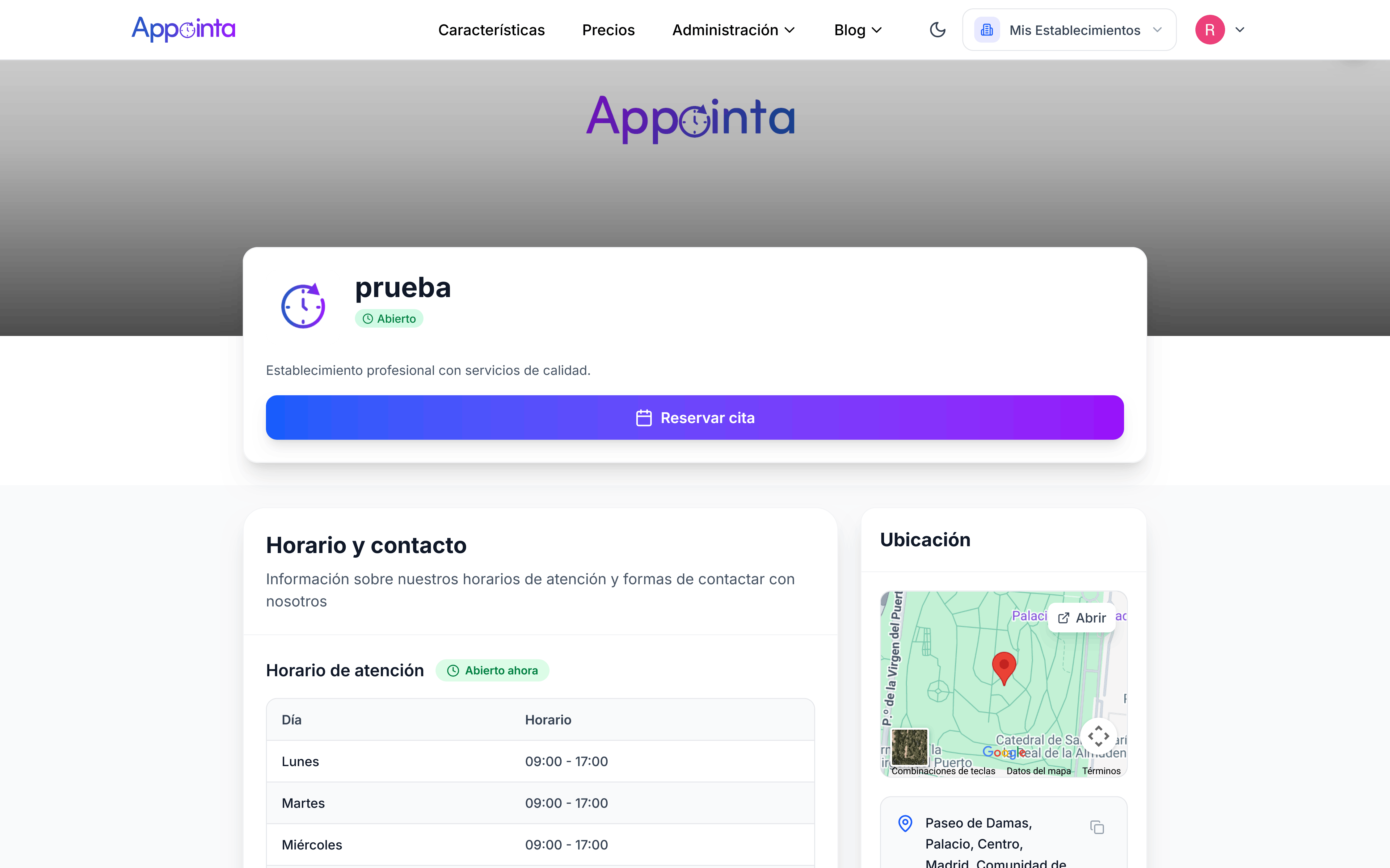 Página pública de reservas de un negocio