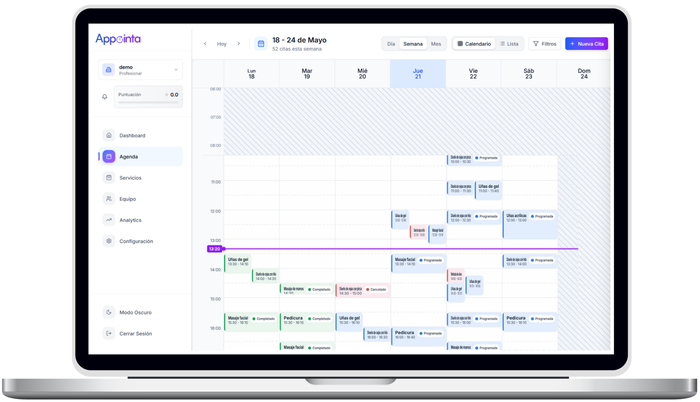 Portátil mostrando el calendario y panel de Appointa
